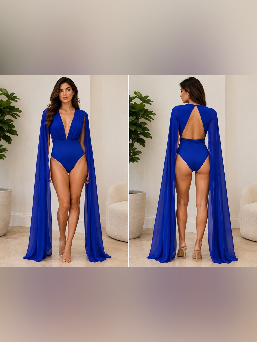 Royal Blue Draped Cape One-Piece Bodysuit Small